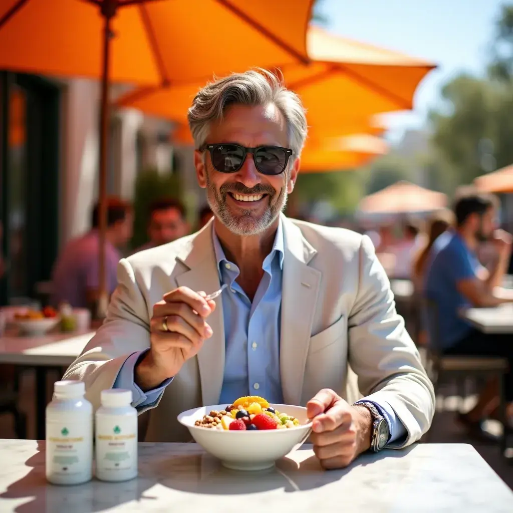 Suplementos naturales rodeados de hojas verdes.